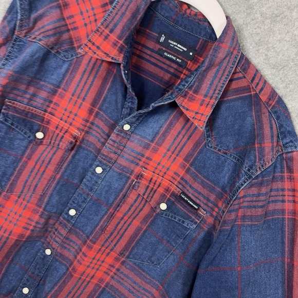 Lucky Brand Other - Lucky Brand Pearl Snap Denim Shirt Mens Sz M Blue Red Plaid Western Pockets